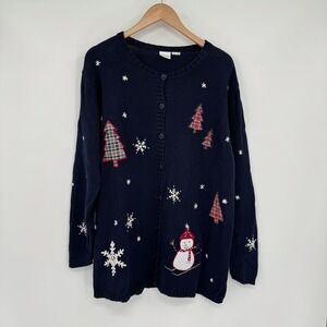 Cherokee Navy‎ Blue Embroidered Tree/Snowman Knit Button Front Sweater Women's